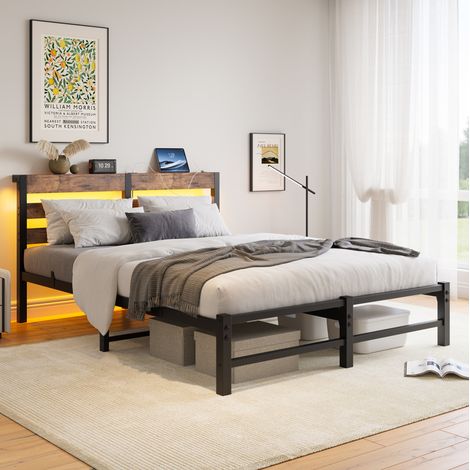 Cama de matrimonio 140x200 cm con iluminación LED RGB, 2 puertos USB, estructura de metal y madera, negro marrón (1/5)