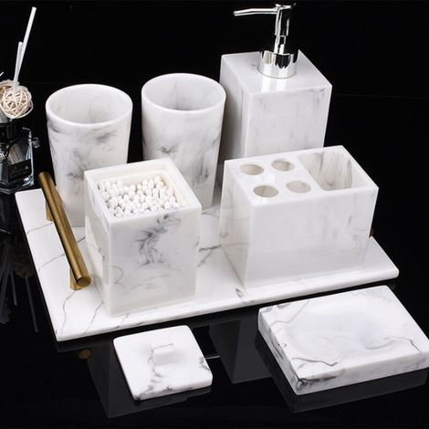Ensemble de salle de bain en résine 5 pièces Résistant à la corrosion Design élégant pour rangement organisé Gobelets 7.2x10.8cm (1/5)