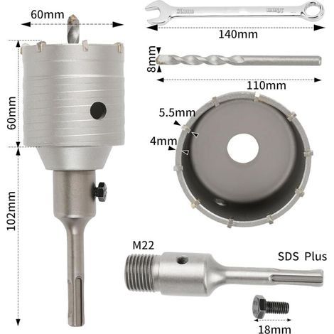 Scie Cloche Trépan Beton Ø 60mm Avec Adaptateur SDS Plus 110 mm,Carotteuse Beton,Scie Trépan Pour Percer Des Trous Dans Les Murs En Blocs (1/3)