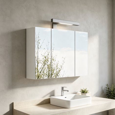 Armoire de rangement murale blanche de 60 cm avec miroir, 3 portes, éclairage LED et prise Schuko, étagères en verre réglables en hauteur, charnières à fermeture douce, meuble de rangement de salle de (1/5)