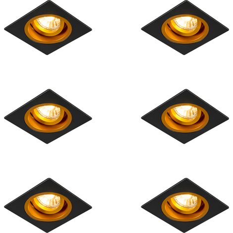 Set mit 6 Einbauspots Schwarz mit Gold 9,3 cm Drehbar und Kippbar - Chuck