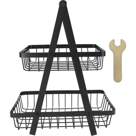 Corbeille à fruits noire ajourée, étagère multifonctionnelle en fer à 2 niveaux pour ranger les fruits dans le salon, la cuisine ou la salle à manger. (1/5)