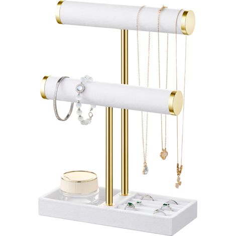 Zweistöckiger weißer Schmuckorganizer – Abnehmbarer T-förmiger Schmuckständer – Samtetui für Armbänder, Halsketten, Uhren und Ringe (1/5)