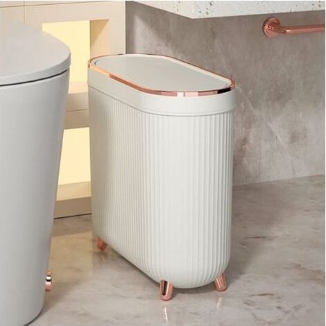 Poubelle de salle de bain 12 litres – Poubelle rectangulaire en plastique avec couvercle à pression – Ouverture large 32 cm – Design minimaliste blanc (1/5)