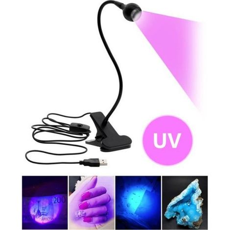 Lampe UV - 395 nm - Bras Col De Cygne 25 cm - Pince Réglable - Câble USB 140 cm Avec Interrupteur - 1 Unité