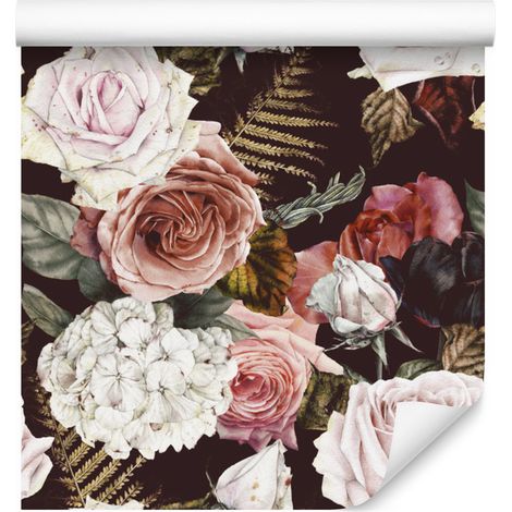 Carta da parati con rose e foglie di felce per soggiorno e camera da letto, 50x1000 cm. (1/5)