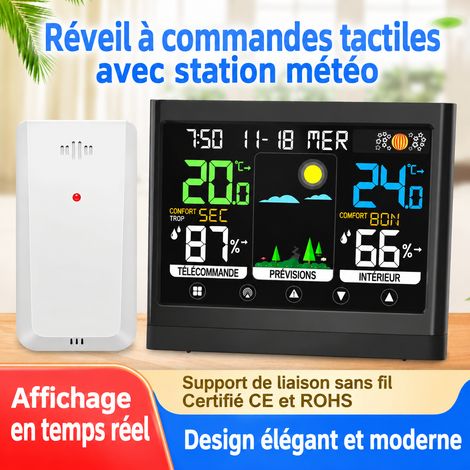 Station météo réveil tactile écran LCD couleur thermomètre hygromètre RF noir câble USB 330 g – Livraison gratuite (1/5)