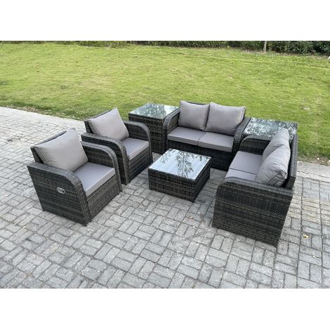 Fimous 6 places Ensemble de meubles de jardin en rotin avec Table basse carrée Love Sofa Chaises inclinables 2 Tables d'appoint Mélange gris foncé (1/5)