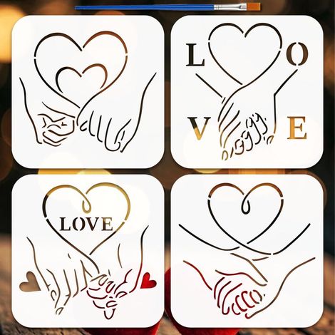 4Styles Pochoirs Motif Main Dans la Main Avec Un Pinceau 15x15cm Romantique Amour Peinture Pochoirs Thèmes Modèle pour Peinture sur Bois Carrelage Mur Tissu (1/5)