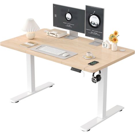 DEVOKO Höhenverstellbarer Stehtisch, 100 x 60 cm, Stehtisch, Schreibtisch mit Spleißplatte, Cremeweißer Rahmen/Beige Platte (1/5)