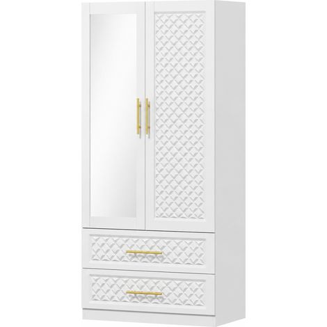 Armoire chambre penderie avec miroir, 2 tiroirs, 2 portes et barre de suspension, 80 x 50 x 180 cm, blanc (1/5)