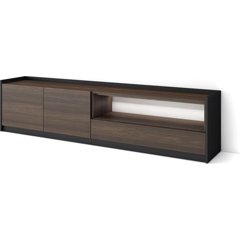 Skraut Home - Meuble TV, Banc Télé, Grand espace de Rangement, 207x37x50cm, Pour les TV jusqu'à 80", LED, Style moderne, Chêne foncé et Noir (1/5)
