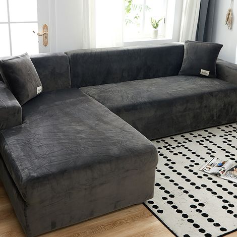 Housse de canapé d'angle extensible en peluche, housse universelle pour canapé 1/2/3/4 places - 2 places, gris foncé (nécessite deux housses pour un canapé d'angle en L)