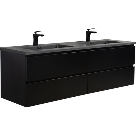 Badezimmer Badmöbel-Set Angela 160 cm - Schwarzes Waschbecken -