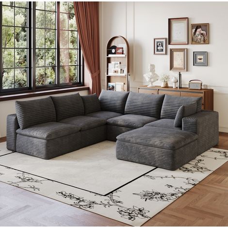 Sofá modular en L de tejido efecto pana 260 x 250 cm gris oscuro OKWISH (1/5)