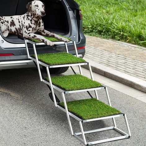 Rampe pour chien extra large pliable, 5 marches, surface gazon synthétique antidérapant, aluminium léger (1/5)