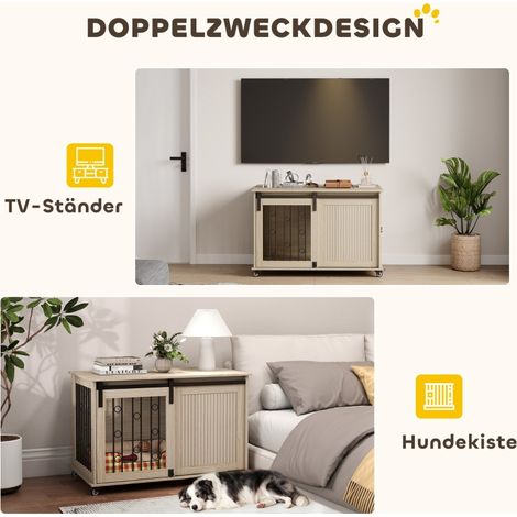 Caisse à roulettes pour chien, porte coulissante, 100 x 56 x 65 cm, bois et acier, niche mobile avec tiroir (1/5)