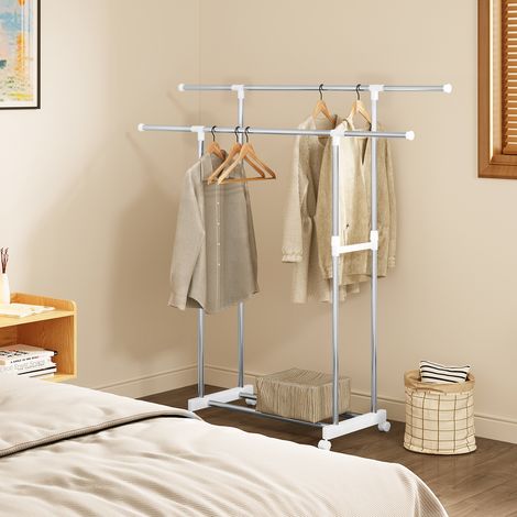 WOLTU Kleiderständer Garderobenständer mit 2 höhenverstellbaren Kleiderstangen Rollgarderobe mit Rollen und Ablage Standgarderobe Metall Stabil, (75,5–151,5) x(94–171) x42 cm, Silber