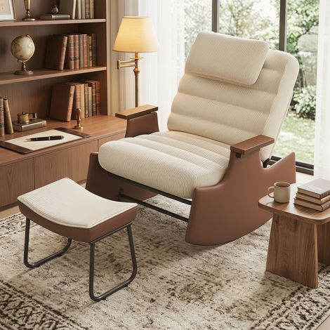 Sedia a dondolo con pouf, poltrona a dondolo in velluto a coste beige con poggiapiedi, schienale regolabile, poggiatesta e braccioli, poltrona allattamento