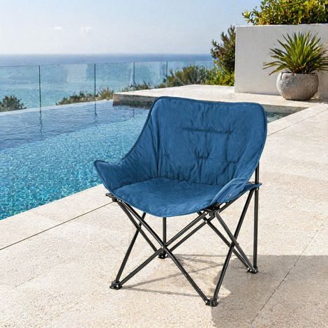 Silla plegable de camping acolchada, respaldo alto, metal, tejido de ante sintético y Oxford, negro y azul (1/5)