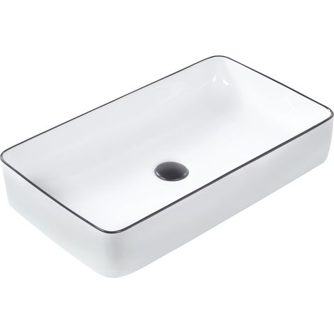 Lavabo sobre encimera baño clásico cerámica brillante blanco con borde negro rectangular 61 x 35 cm Xert