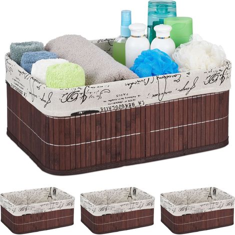 Relaxdays Set of 4 Storage Baskets, Fabric Cover, Retro Pattern, Bamboo, Bathroom Organiser, 16.5x38x28.5 cm, Brown