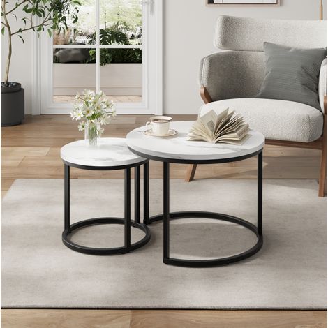 Tavolino basso rotondo impilabile 2 pezzi 60 cm in truciolare e ferro bianco HAVRYA (1/5)