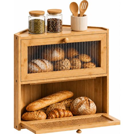 Boîte à pain d'angle pour comptoir de cuisine, récipient de rangement à pain en bambou double couche avec fenêtres ondulées, grande boîte à pain, support en bois pour pain fait maison (1/5)