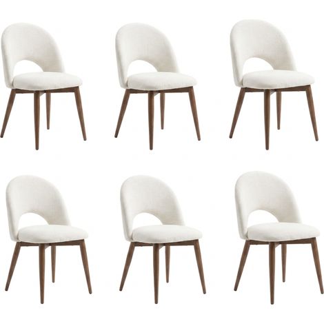 Lot de 6 chaises de salle à manger Houda - Tissu Chenille Déperlant Blanc Cassé / Pieds finition Noyer (1/5)