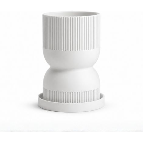 Vaso da fiori bianco a forma di clessidra con sottovaso moderno.