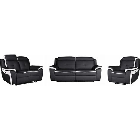 Canapés 3 places 2 places et un fauteuil relax électrique en cuir ANGELIQUE - Noir/blanc (1/4)