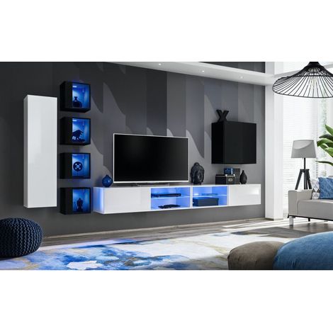 Ensemble meuble TV mural Switch XXVI - L 320 x P 40 x H 150 cm - Blanc et noir - Livraison gratuite