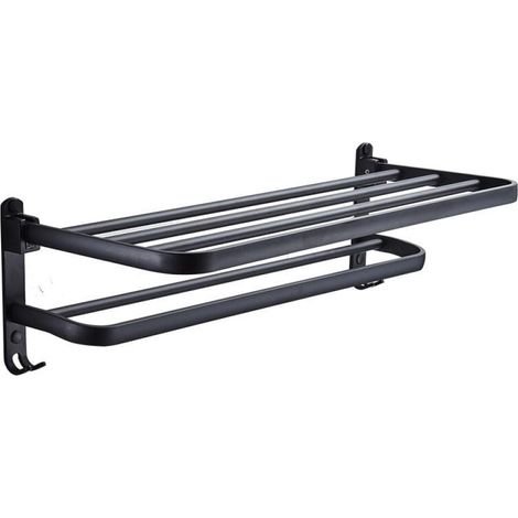 Bathroom Towel Rack Towel Shelf with Double Towel Bars Wall Mounted Washbasin Holder with Hooks Aluminum Hotel Bath Rack (Matte Black 50cm) (1/5)