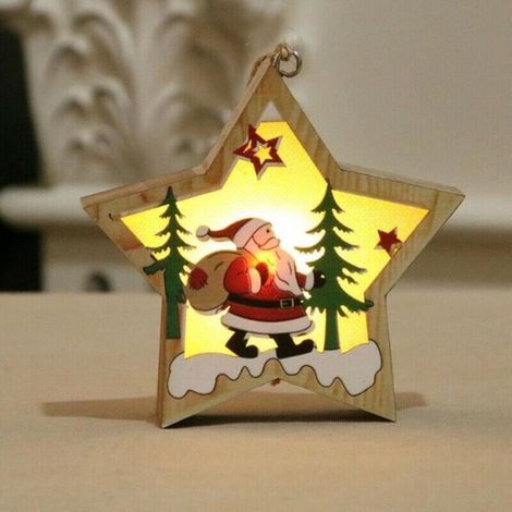 Décor lumineux de Noël en bois lampe LED lumière ornement suspendu accessoires de décoration Pentacle père Noël (1/4)