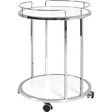 Table d'appoint ronde à roulettes 45x60 cm blanc et métal chromé