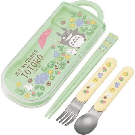 Set de couverts enfant Totoro Parapluie — baguettes 16,5 cm, fourchette & cuillère 13 cm, boîtier blanc