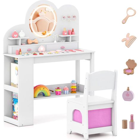 COSTWAY Bureau Enfant Fille avec Chaise & Miroir Éclairé, Coiffeuse Enfants Fille en Forme Nuage avec Tiroir & Bibliothèque & Étagères Ouvertes, Dispositif Anti-basculement pour 3 Ans+ (Blanc) (1/5)