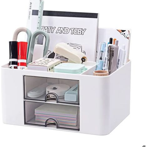 Organisateur de bureau multifonction en plastique, porte-stylo avec 2 tiroirs coulissants, aussi pour le maquillage (1/5)