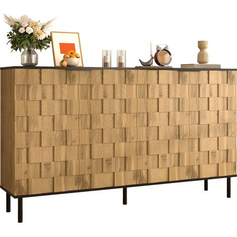 Sideboard mosaïque 2 portes en effet bois avec compartiment fixe et pieds métal, meuble de rangement pour salon, entrée et salle à manger 160 cm  CHICFURN (1/5)