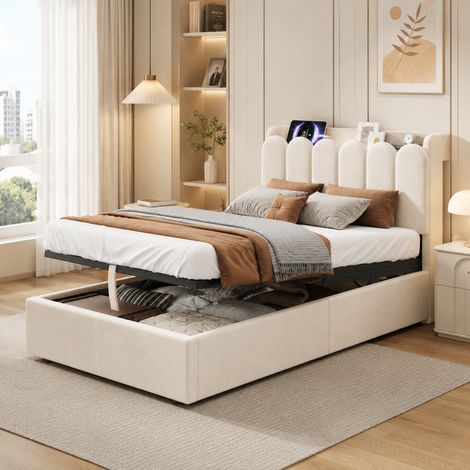 Lit coffre 90x200, tête de lit USB, velours beige HAVRYA (1/5)