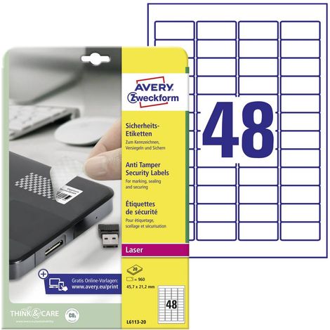 Etiquette de sécurité Avery-Zweckform L6113-20 45.7 x 21.2 mm film de polyester blanc 960 pc(s) fixation permanente (1/4)