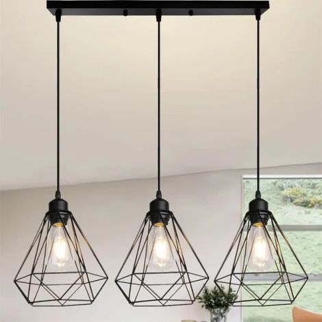 U-Do 3 Lampes Lustre Luminaire Vintage en Longue Pôle Suspension éclairage design Créatif Lampe Cage en Métal Noir (1/4)