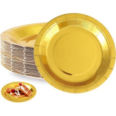 50 piatti da dessert dorati, piatti per compleanno, piatti in cartone da 18 cm, piatti dorati, piatti di carta gialli per feste, Natale, matrimoni, compleanni (1/4)