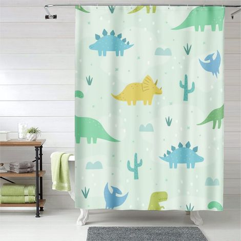 Rideau de douche dinosaures et feuilles, œillets plastique, 90x180 cm (1/5)