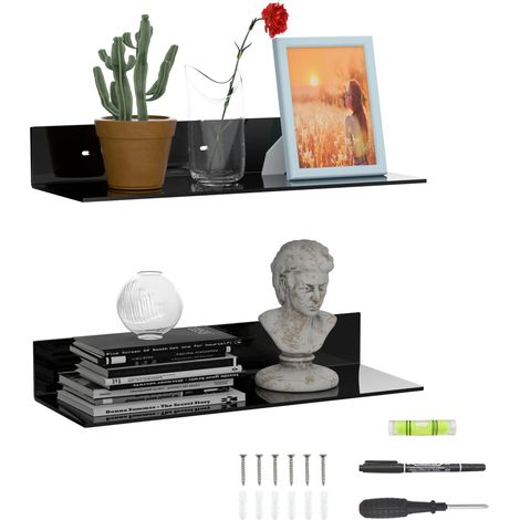 Lot de 2 étagères murales flottantes en acrylique - 43 cm - En forme de L - Noir - Étagère d'angle en acrylique, étagères murales d'exposition en Perspex pour décoration murale, voiture (1/5)