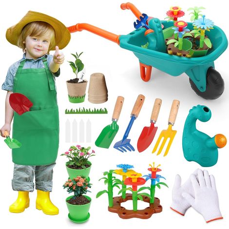 Kit d'outils de Jardinage pour Enfants avec Jardinage Outils, Brouette Jouets de Jardin avec Tablier avec Poches, Bêche, Râteau, Gants, Arrosoir, Pots de Fleurs, Jouets de Sable Jeu de Simulation (1/5)
