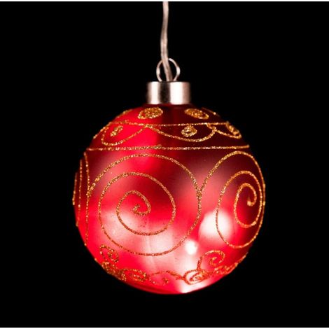 Palla di Natale a led in vetro rosso con cerchi.