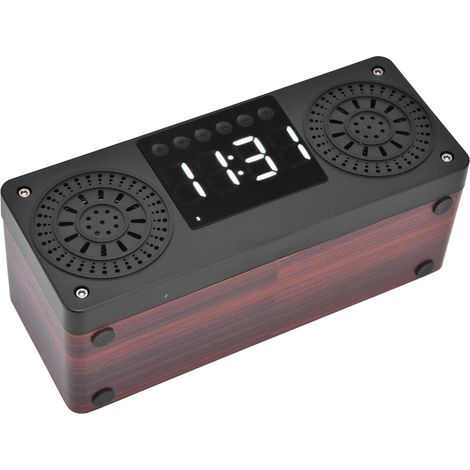 Enceinte Bluetooth bois double haut-parleur, caisson de basses 360°, horloge numérique LED, charge USB avec batterie intégrée, rouge. (1/5)