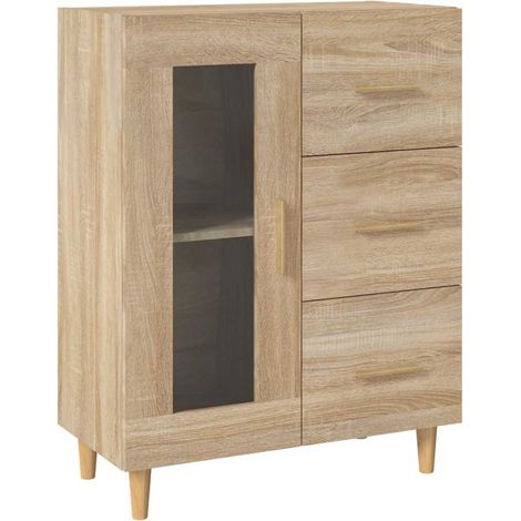 Buffet Vitrine Meuble de Rangement avec Porte Vitrée et 3 Tiroirs Chêne Sonoma 69,5x34x90 cm (1/5)