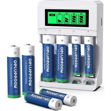 Chargeur Piles Rechargeable AA et AAA 4 Slots Indépendants,avec 1,2V NiMH Piles Rechargeables AA 4PCS 3300mAh et 4PCS AAA 1100mAh Capacité 1200 Cycles (1/5)